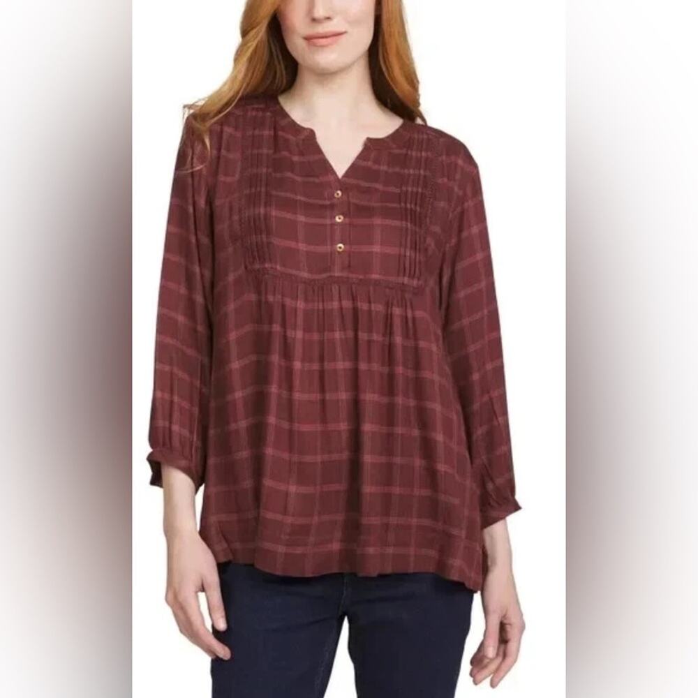 NEW Wrangler Womens Plaid 3/4 Sleeves Lightweight Elastic Cuffs Blouse Brown XXL